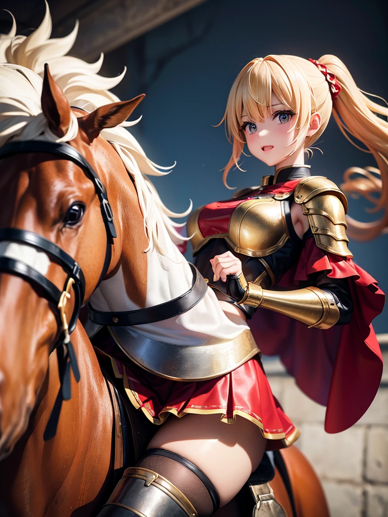 （super masterpiece）、（Excellent paintings）、（1 female）、Shoulder Armor, Arm armor, Breastplate, gauntlet, Golden Armor，red ruffle skirt，red poncho，Show your thighs，battlefield background（burning flame），long hair（Blonde hair color），flowing hair，Metallic texture，（1 armored war horse），horse riding，girl riding on horse，Horse&#39;s legs raised，Arms on the shoulders，(Samurai style greatsword,:1.3), Wearing a golden feather-shaped headdress，show face，Aqua blue pupils（bright colors、glow），rosy skin，rosy skin，Delicate 8k skin texture，High detail vray rendering，light passing through hair（Delicate light and shadow，Exquisite details），Vibrant colors and light and shadow，High detail background，Perfect lighting，Light tracking，HDR，8k，uhd，8K resolution，Ultimate texture，Ultimate picture quality，Ultimate light and shadow，reflection，luster，High contrast，Stunning illustrations，perfect illustration，Light chasing，atmosphere，CG，Movie，close-up（horse riding），barded_steed，