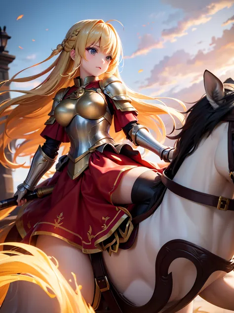 （super masterpiece）、（excellent paintings）、（1 female）、shoulder armor, arm armor, breastplate, gauntlet, golden armor，red ruffle s...