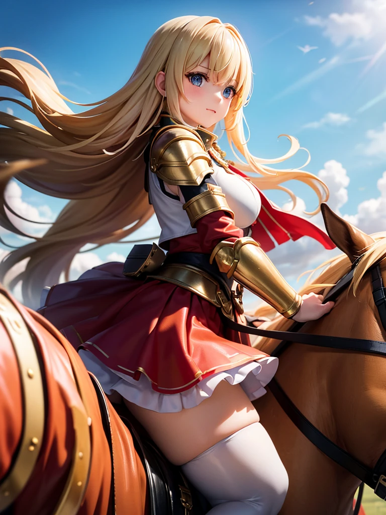 （super masterpiece）、（Excellent paintings）、（1 female）、Shoulder Armor, Arm armor, Breastplate, gauntlet, Golden Armor，red ruffle skirt，red poncho，Show your thighs，battlefield background（burning flame），long hair（Blonde hair color），flowing hair，Metallic texture，（1 armored war horse），horse riding，girl riding on horse，Horse&#39;s legs raised，Arms on the shoulders，(Samurai style greatsword,:1.3), Wearing a golden feather-shaped headdress，show face，Aqua blue pupils（bright colors、glow），rosy skin，rosy skin，Delicate 8k skin texture，High detail vray rendering，light passing through hair（Delicate light and shadow，Exquisite details），Vibrant colors and light and shadow，High detail background，Perfect lighting，Light tracking，HDR，8k，uhd，8K resolution，Ultimate texture，Ultimate picture quality，Ultimate light and shadow，reflection，luster，High contrast，Stunning illustrations，perfect illustration，Light chasing，atmosphere，CG，Movie，close-up（horse riding），barded_steed，