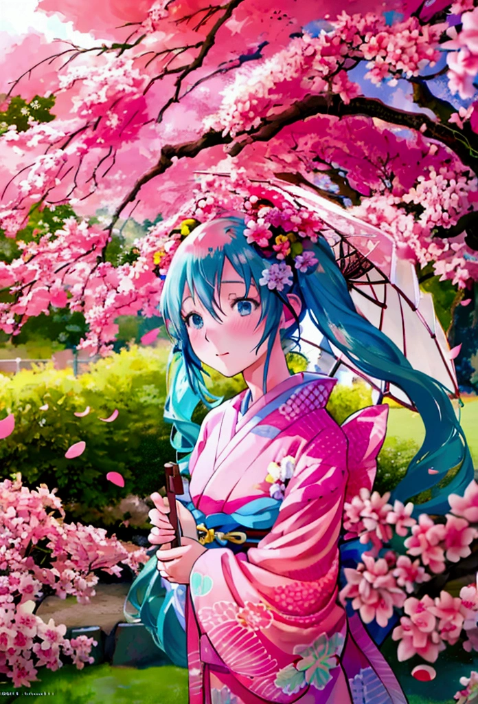 mikudef ,miku hatsune, blue hair, twin tails, blushing, cute and shy, kimono, kyoto, japan, Japanese Garden ,daytime, cherry blossoms, falling cherry blossom petals, a shower of cherry blossoms, masterpiece, best quality, 8k, highres, ultra-detailed, (realistic:1.37), (photorealistic:1.37), HDR, UHD, studio lighting, ultra-fine painting, sharp focus, physically-based rendering, extreme detail description, professional, vivid colors, bokeh, portraits