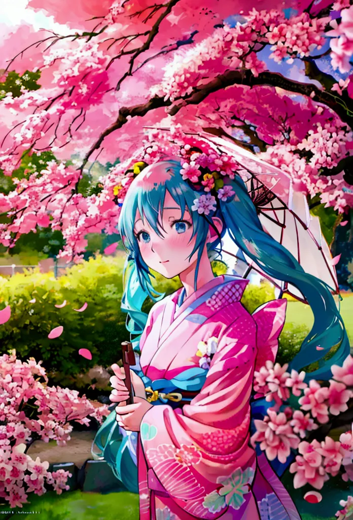 mikudef ,miku hatsune, blue hair, twin tails, blushing, cute and shy, kimono, kyoto, japan, japanese garden ,daytime, cherry blo...