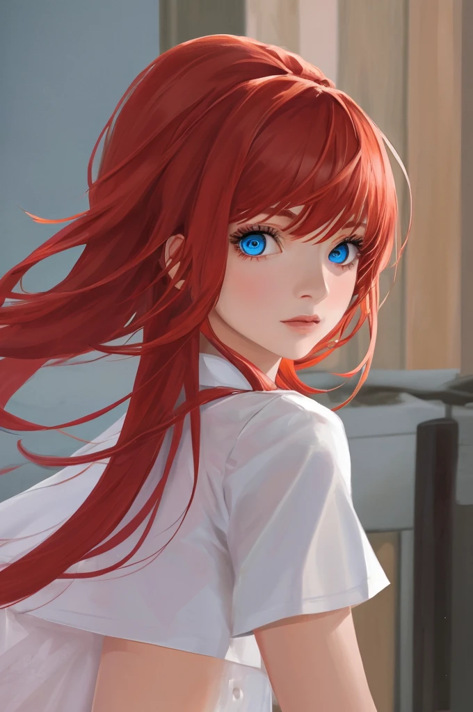 1girl, red hair, blue eyes, looking at viewer