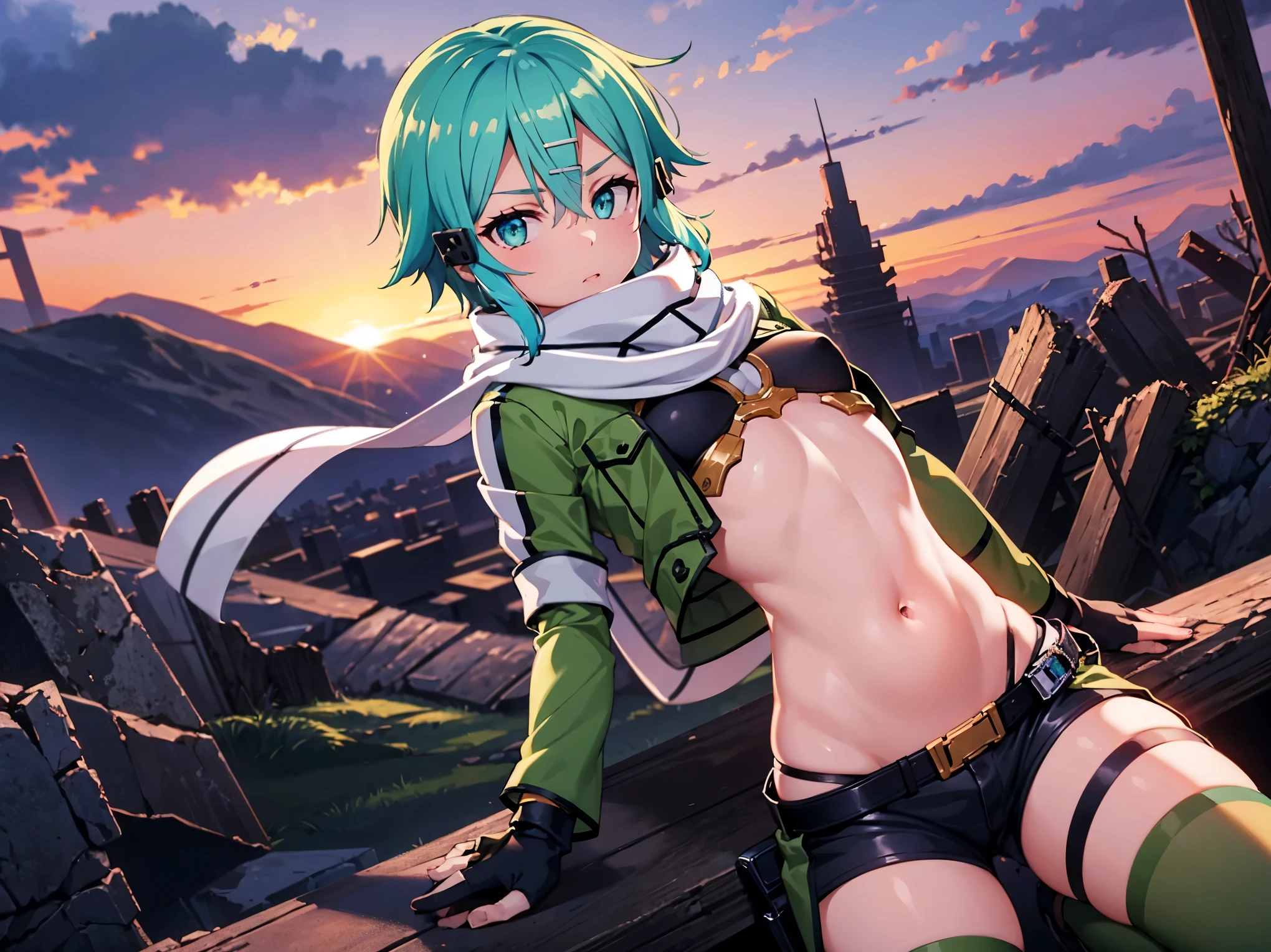 (masterpiece), best quality, expressive eyes, perfect face, highres, sinon1, scarf, fingerless gloves, long sleeves, short shorts,groin, hair ornament, hairclip, green thighhighs, green jacket,covered_nipples, thigh strap, field, sunset_ruins_landscape_background, ruined structures, dynamic_posing, looking at the viewer,,covered_navel,