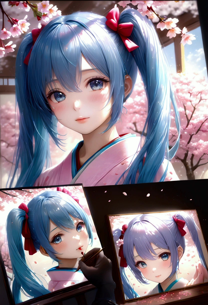 mikudef ,miku hatsune, blue hair, twin tails, blushing, cute and shy, kimono, kyoto, japan, daytime, cherry blossoms, falling cherry blossom petals, a shower of cherry blossoms, masterpiece, best quality, 8k, highres, ultra-detailed, (realistic:1.37), (photorealistic:1.37), HDR, UHD, studio lighting, ultra-fine painting, sharp focus, physically-based rendering, extreme detail description, professional, vivid colors, bokeh, portraits