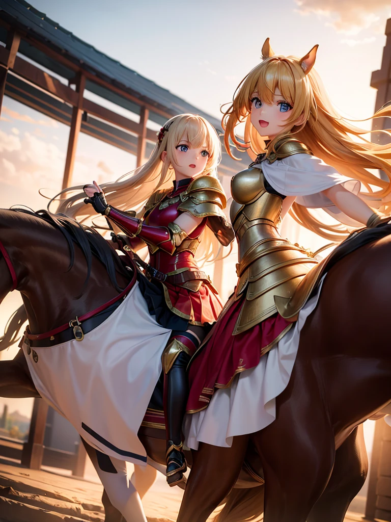 （super masterpiece）、（Excellent paintings）、（1 female）、Shoulder Armor, Arm armor, Breastplate, gauntlet, Golden Armor，red ruffle skirt，red poncho，Show your thighs，battlefield background（burning flame），long hair（Blonde hair color），flowing hair，Metallic texture，（1 armored war horse），horse riding，girl riding on horse，Horse&#39;s legs raised，Shoulder weapons, sword, Arms on the shoulders，((武士風格巨sword,:1.3)), Wearing a golden feather-shaped headdress，show face，Aqua blue pupils（bright colors、glow），rosy skin，rosy skin，Delicate 8k skin texture，High detail vray rendering，light passing through hair（Delicate light and shadow，Exquisite details），Vibrant colors and light and shadow，High detail background，Perfect lighting，Light tracking，HDR，8k，uhd，8K resolution，Ultimate texture，Ultimate picture quality，Ultimate light and shadow，reflection，luster，High contrast，Stunning illustrations，perfect illustration，Light chasing，atmosphere，CG，Movie，close-up（horse riding），barded_steed，