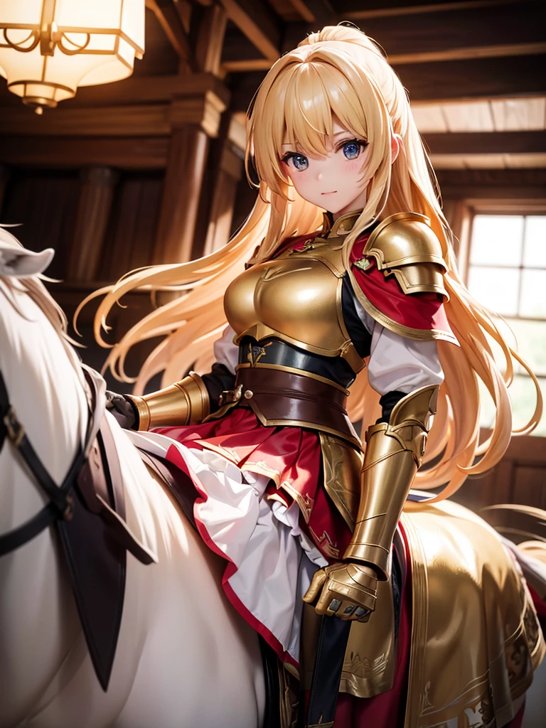 （super masterpiece）、（Excellent paintings）、（1 female）、Shoulder Armor, Arm armor, Breastplate, gauntlet, Golden Armor，red ruffle skirt，red poncho，Show your thighs，battlefield background（burning flame），long hair（Blonde hair color），flowing hair，Metallic texture，（1 armored war horse），horse riding，girl riding on horse，Horse&#39;s legs raised，Shoulder weapons, sword, Arms on the shoulders，((武士風格巨sword,:1.3)), Wearing a golden feather-shaped headdress，show face，Aqua blue pupils（bright colors、glow），rosy skin，rosy skin，Delicate 8k skin texture，High detail vray rendering，light passing through hair（Delicate light and shadow，Exquisite details），Vibrant colors and light and shadow，High detail background，Perfect lighting，Light tracking，HDR，8k，uhd，8K resolution，Ultimate texture，Ultimate picture quality，Ultimate light and shadow，reflection，luster，High contrast，Stunning illustrations，perfect illustration，Light chasing，atmosphere，CG，Movie，close-up（horse riding），barded_steed，