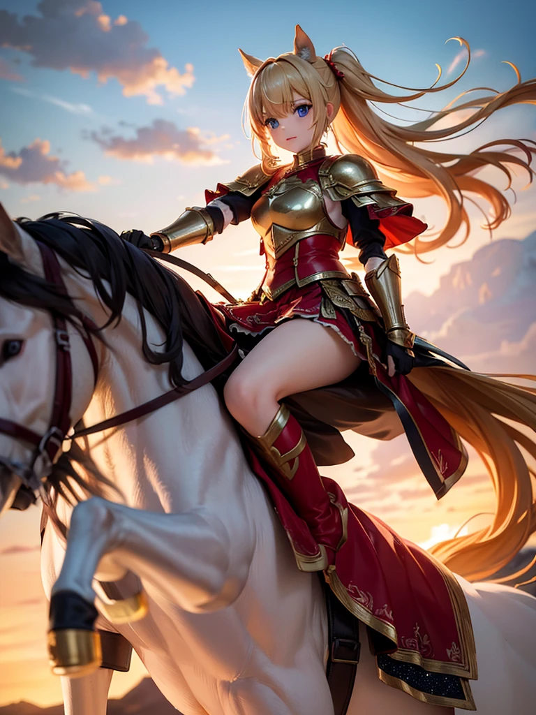 （super masterpiece）、（Excellent paintings）、（1 female）、Shoulder Armor, Arm armor, Breastplate, gauntlet, Golden Armor，red ruffle skirt，red poncho，Show your thighs，battlefield background（burning flame），long hair（Blonde hair color），flowing hair，Metallic texture，（1 armored war horse），horse riding，girl riding on horse，Horse&#39;s legs raised，Shoulder weapons, sword, Arms on the shoulders，((武士風格巨sword,:1.3)), Wearing a golden feather-shaped headdress，show face，Aqua blue pupils（bright colors、glow），rosy skin，rosy skin，Delicate 8k skin texture，High detail vray rendering，light passing through hair（Delicate light and shadow，Exquisite details），Vibrant colors and light and shadow，High detail background，Perfect lighting，Light tracking，HDR，8k，uhd，8K resolution，Ultimate texture，Ultimate picture quality，Ultimate light and shadow，reflection，luster，High contrast，Stunning illustrations，perfect illustration，Light chasing，atmosphere，CG，Movie，close-up（horse riding），barded_steed，