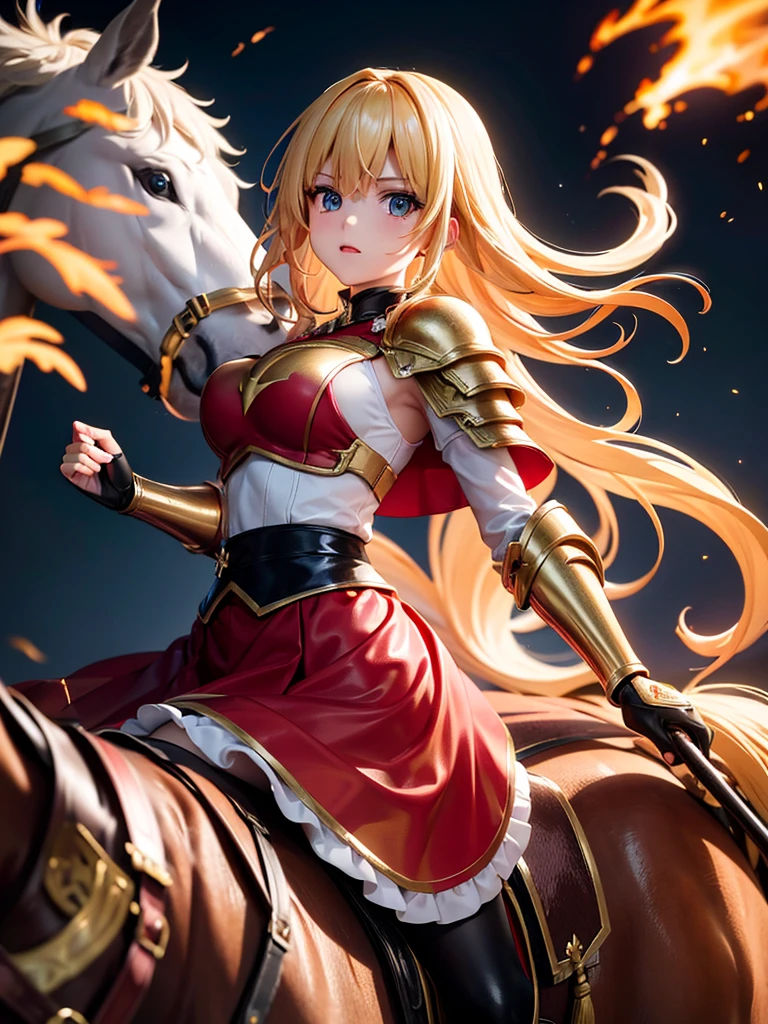 （super masterpiece）、（Excellent paintings）、（1 female）、Shoulder Armor, Arm armor, Breastplate, gauntlet, Golden Armor，red ruffle skirt，red poncho，Show your thighs，battlefield background（burning flame），long hair（Blonde hair color），flowing hair，Metallic texture，（1 armored war horse），horse riding，girl riding on horse，Horse&#39;s legs raised，Shoulder weapons, sword, Arms on the shoulders，((武士風格巨sword,:1.3)), Wearing a golden feather-shaped headdress，show face，Aqua blue pupils（bright colors、glow），rosy skin，rosy skin，Delicate 8k skin texture，High detail vray rendering，light passing through hair（Delicate light and shadow，Exquisite details），Vibrant colors and light and shadow，High detail background，Perfect lighting，Light tracking，HDR，8k，uhd，8K resolution，Ultimate texture，Ultimate picture quality，Ultimate light and shadow，reflection，luster，High contrast，Stunning illustrations，perfect illustration，Light chasing，atmosphere，CG，Movie，close-up（horse riding），barded_steed，