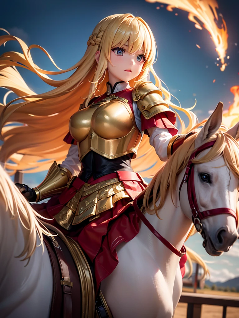 （super masterpiece）、（Excellent paintings）、（1 female）、Shoulder Armor, Arm armor, Breastplate, gauntlet, Golden Armor，red ruffle skirt，red poncho，Show your thighs，battlefield background（burning flame），long hair（Blonde hair color），flowing hair，Metallic texture，（1 armored war horse），horse riding，girl riding on horse，Horse&#39;s legs raised，Shoulder weapons, sword, Arms on the shoulders，((武士風格巨sword,:1.3)), Wearing a golden feather-shaped headdress，show face，Aqua blue pupils（bright colors、glow），rosy skin，rosy skin，Delicate 8k skin texture，High detail vray rendering，light passing through hair（Delicate light and shadow，Exquisite details），Vibrant colors and light and shadow，High detail background，Perfect lighting，Light tracking，HDR，8k，uhd，8K resolution，Ultimate texture，Ultimate picture quality，Ultimate light and shadow，reflection，luster，High contrast，Stunning illustrations，perfect illustration，Light chasing，atmosphere，CG，Movie，close-up（horse riding），barded_steed，