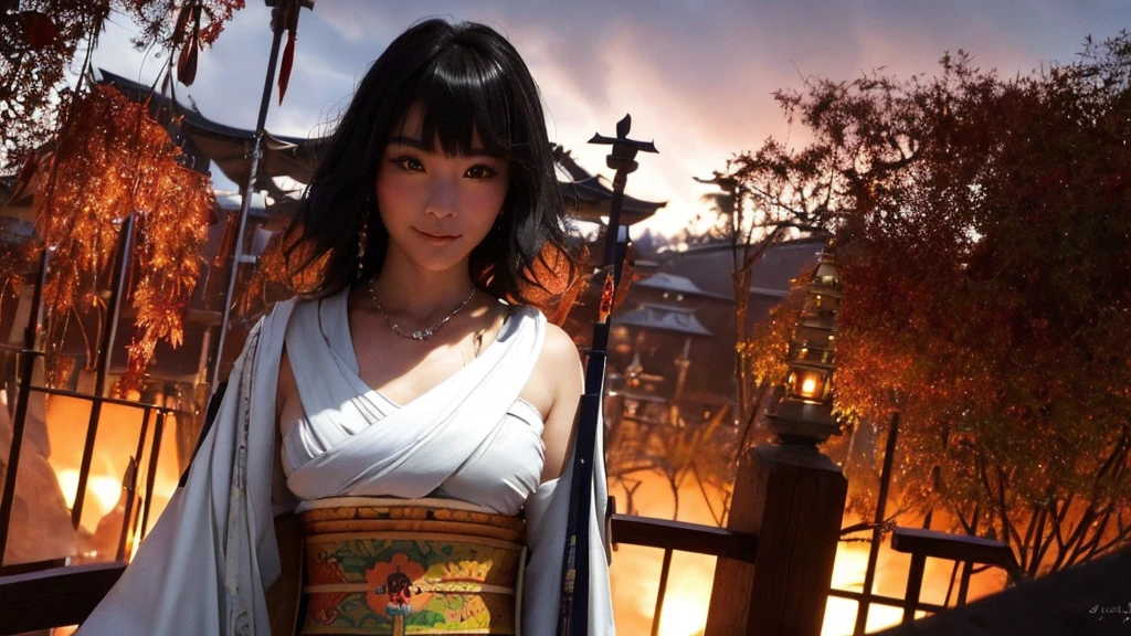 GEISHA- SEXY- LIFTED KIMONO- UPPER BODY- THICK THIGHS- TEMPLE- MEDIEVAL- SWORDS- WARRIOR- SEXY FACE- DETAILED HD- LOW FRAME - BEAUTIFUL- GATER BELT- DETAILED CORCELET- REAR- LOW ANGLE- SUNSET IN BACKGROUND- LACE DETAILED- BIRDS IN THE SKY- STRAIGHT BLACK HAIR WITH BANGS