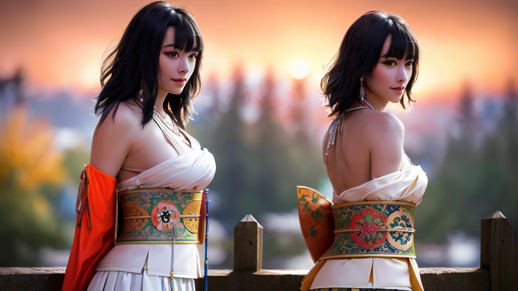 GEISHA- SEXY- LIFTED KIMONO- UPPER BODY- THICK THIGHS- TEMPLE- MEDIEVAL- SWORDS- WARRIOR- SEXY FACE- DETAILED HD- LOW FRAME - BEAUTIFUL- GATER BELT- DETAILED CORCELET- REAR- LOW ANGLE- SUNSET IN BACKGROUND- LACE DETAILED- BIRDS IN THE SKY- STRAIGHT BLACK HAIR WITH BANGS