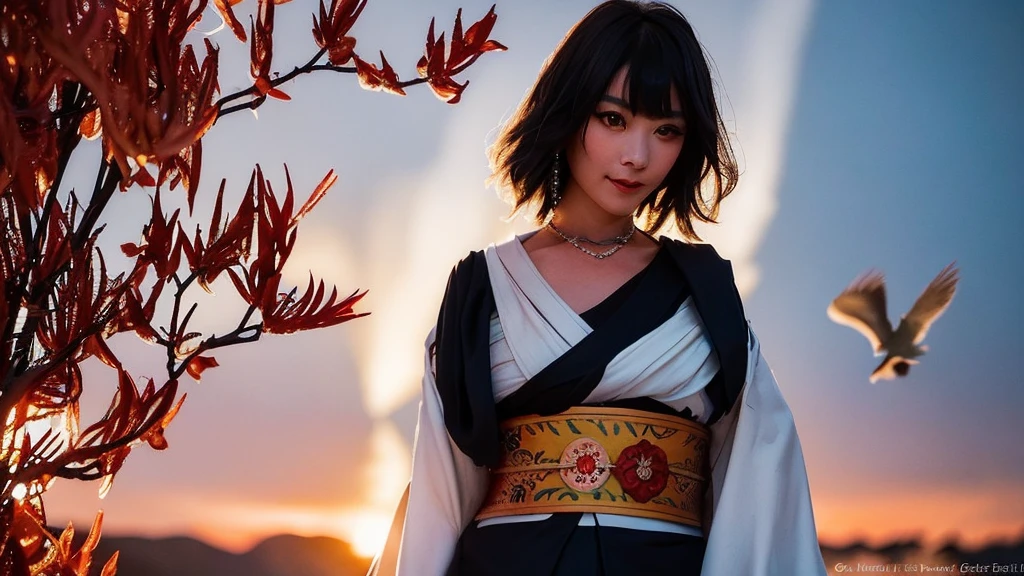 GEISHA- SEXY- LIFTED KIMONO- UPPER BODY- THICK THIGHS- TEMPLE- MEDIEVAL- SWORDS- WARRIOR- SEXY FACE- DETAILED HD- LOW FRAME - BEAUTIFUL- GATER BELT- DETAILED CORCELET- REAR- LOW ANGLE- SUNSET IN BACKGROUND- LACE DETAILED- BIRDS IN THE SKY- STRAIGHT BLACK HAIR WITH BANGS