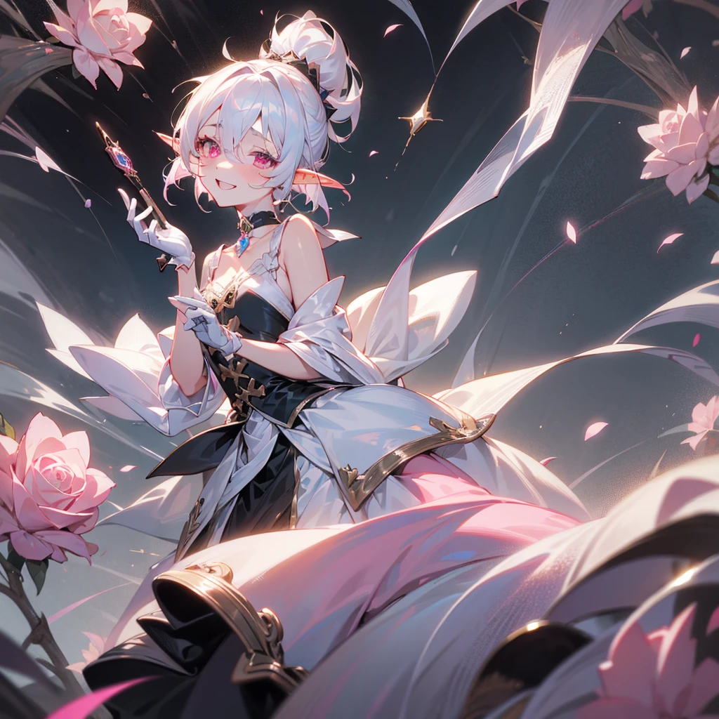 elf, silver hair, female, a girl, , female , glad, laughing, short hair, ponytail, covering one eye, pink eyes, pale skin, tiny, slim, wizard hat, choker, Tuxedo, White gloves, ribbon, skirt, Gothic Lolita, magic effect, pink Rose, s wand with pink gem