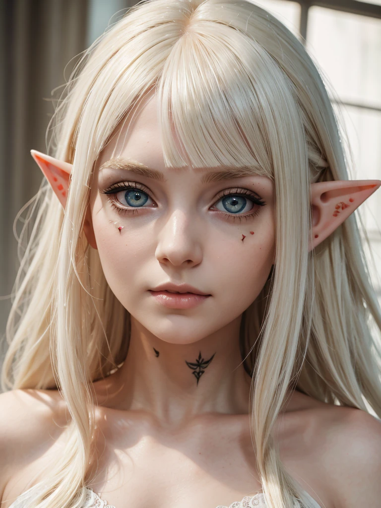 (best quality), 1girl, Female, pale skin, platinum blonde hair, very long hair, parted bangs, hazel eyes, big eyes, perfect eyes, elf, nightgown, red face tattoos, small bust, fantasy universe, masterpiece, anatomically correct, highres
