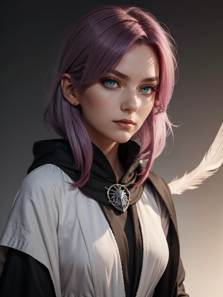 (best quality), 1girl, Female, grey skin, gradient hair, (burgundy red hair), white hair, swoopy hair, hair over shoulder, hair over one eye, green eyes, perfect eyes, black sorcerer robe, crow feather accessoires, fantasy universe, small bust, stoic, masterpiece, anatomically correct, highres
