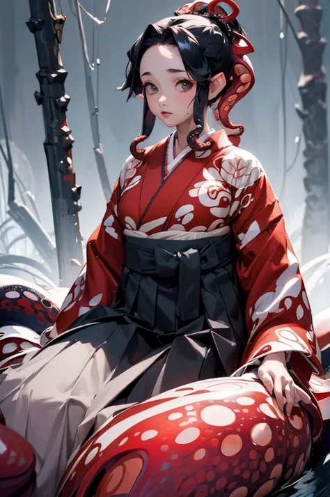 (((beautiful))), (((red and black kimono, tentacles wrapped around limbs))), ((black hair, parted bangs, forehead, ponytail, chu...