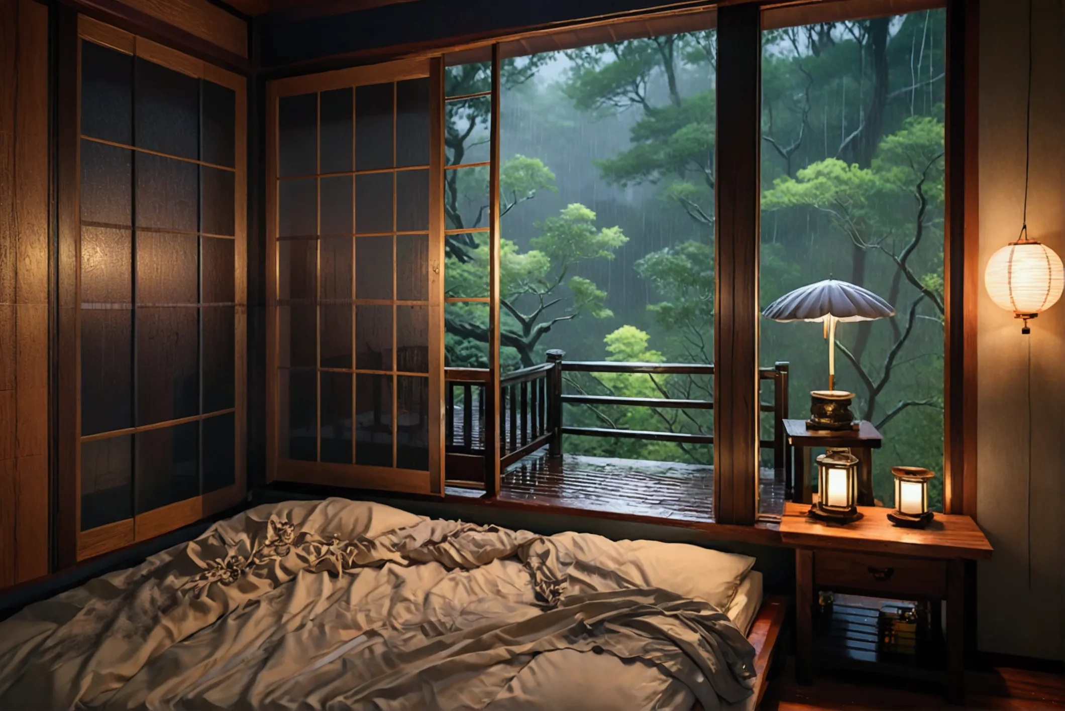 bed in the bedroom next to the window, detailed matte image, inspired by kanō hōgai, large window overlooking the forest at nigh...