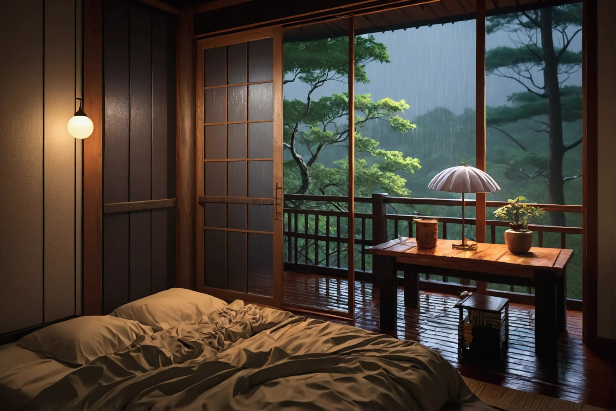 bed in the bedroom next to the window, detailed matte image, inspired by kanō hōgai, large window overlooking the forest at nigh...