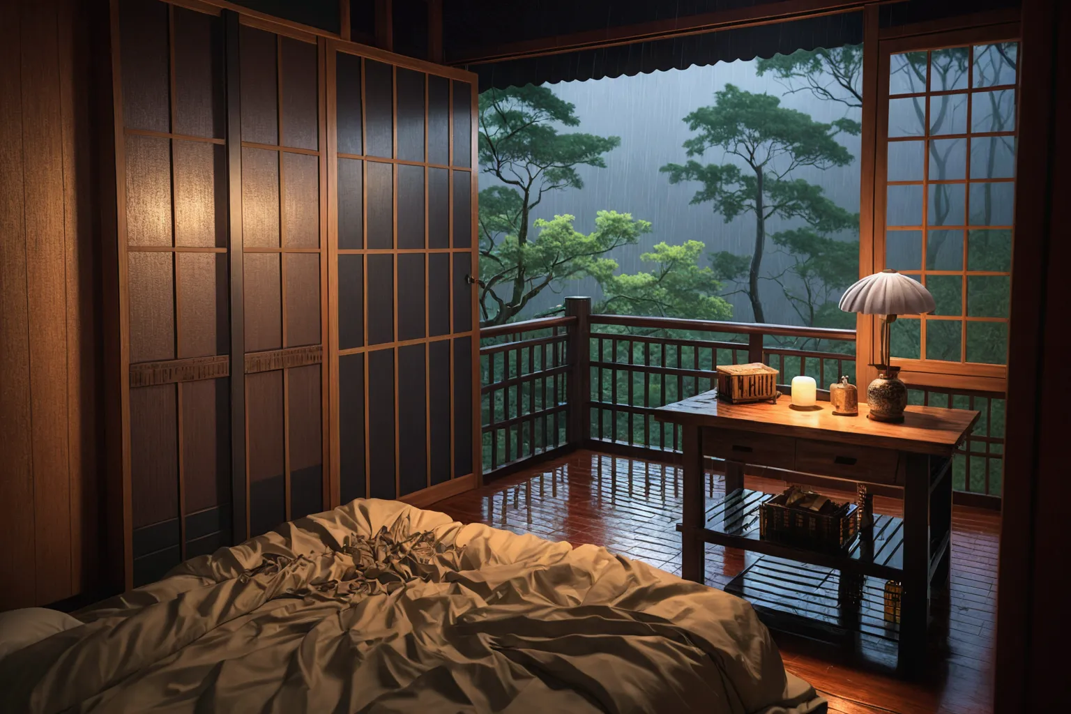 bed in the bedroom next to the window, detailed matte image, inspired by kanō hōgai, large window overlooking the forest at nigh...