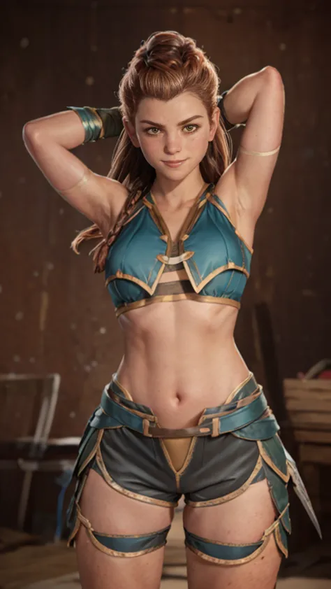 (8k resolution), aloy, solo, skimpy armor (armored:1.2), no panties, bright smile, scantily clad, midriff showing, underboob sho...