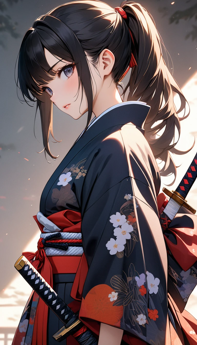 (((Best quality, 8k, Masterpiece: 1.3)), (detailed), perfect face, high resolution, Textured skin, anime style, Girl Samurai, 15 year old girl, black hair, side ponytail, A Japanese sword in its sheath, Kimono, Japanese clothing, from side