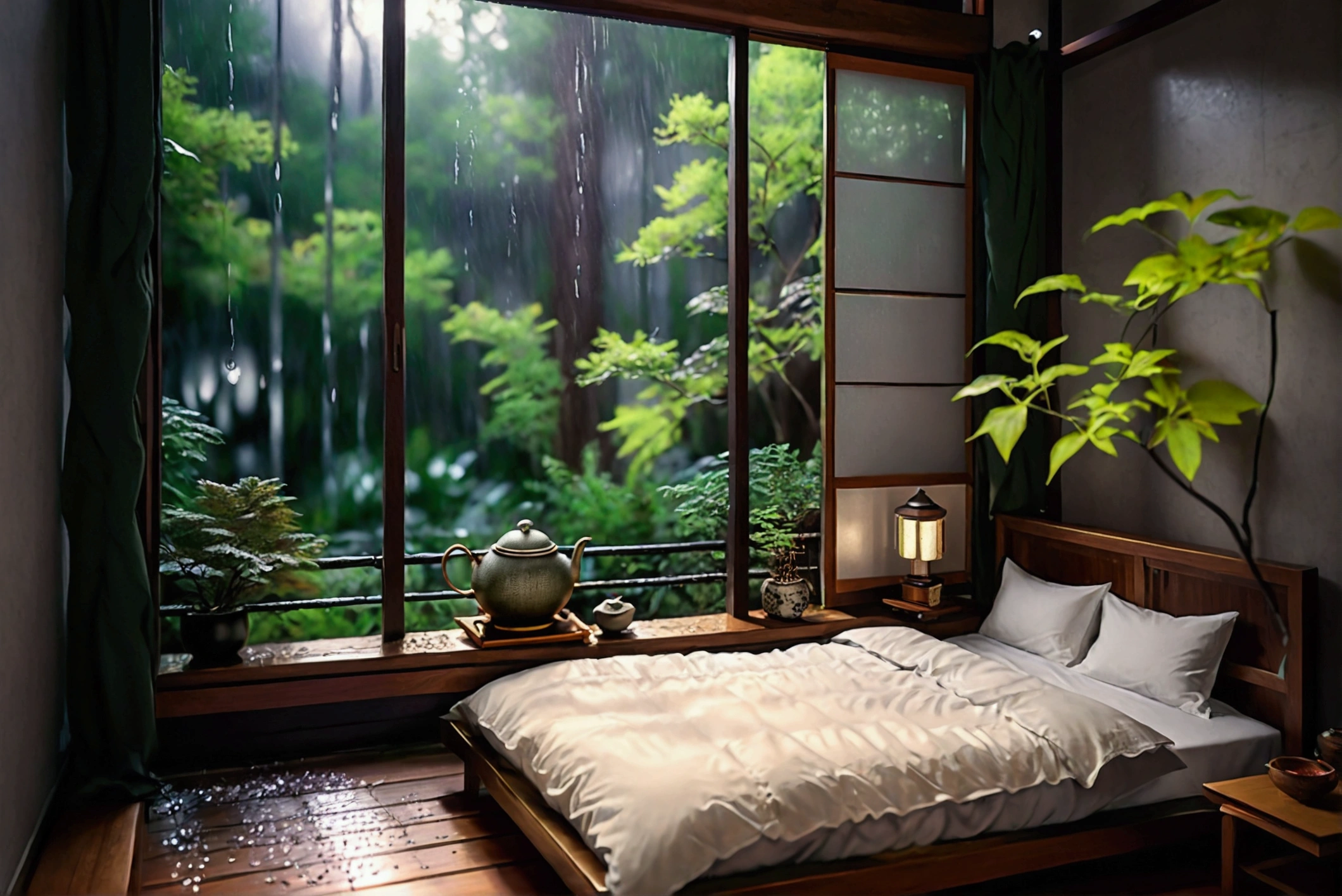 bed in the bedroom next to the window, detailed matte image, inspired by Kanō Hōgai, large window overlooking the forest at night, rain pouring down, Japanese shrine, very beautiful and ethereal