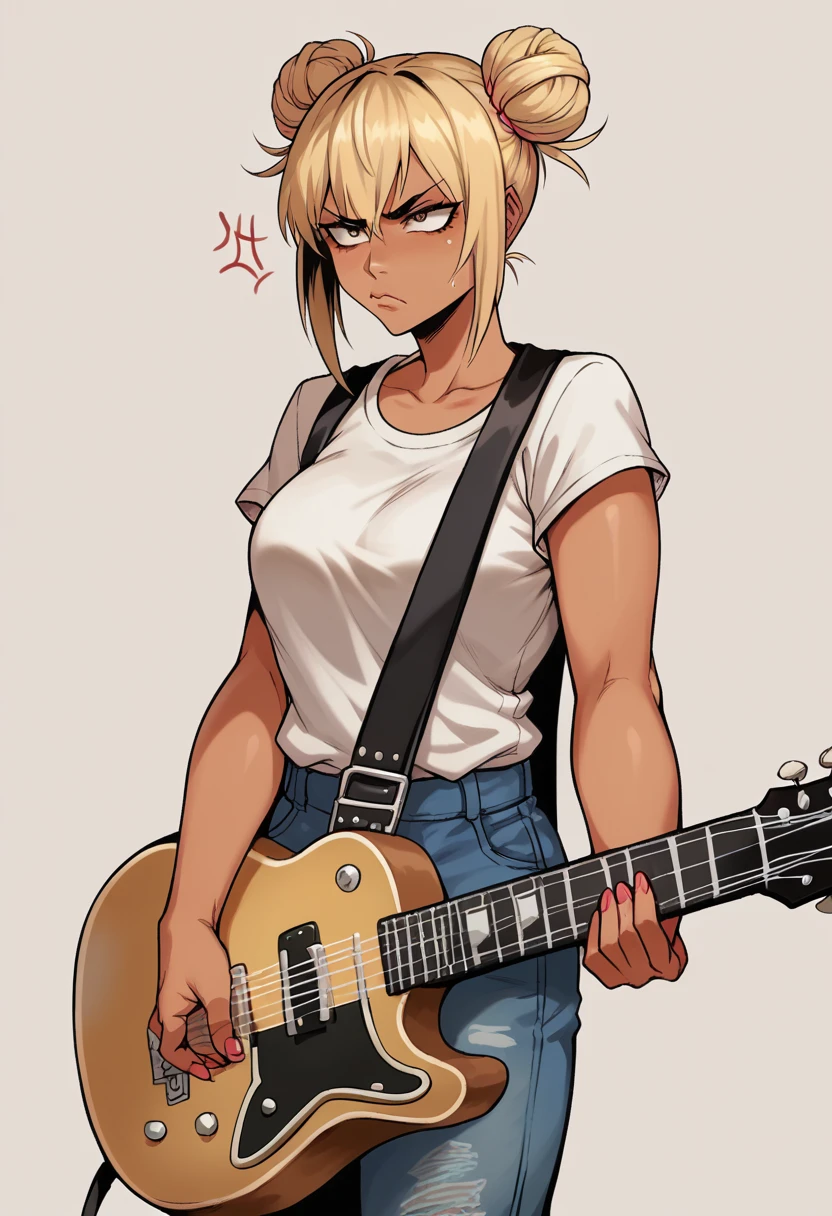 SFW, a baddass gyaru woman with twin bun hair, bleached blonde hair, tan olive skin, pale lips, annoyed expression, frustrated expression, casual clothes, home clothes, guitarist