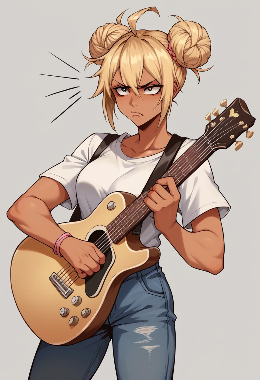 SFW, a baddass gyaru woman with twin bun hair, bleached blonde hair, tan olive skin, pale lips, annoyed expression, frustrated expression, casual clothes, home clothes, guitarist