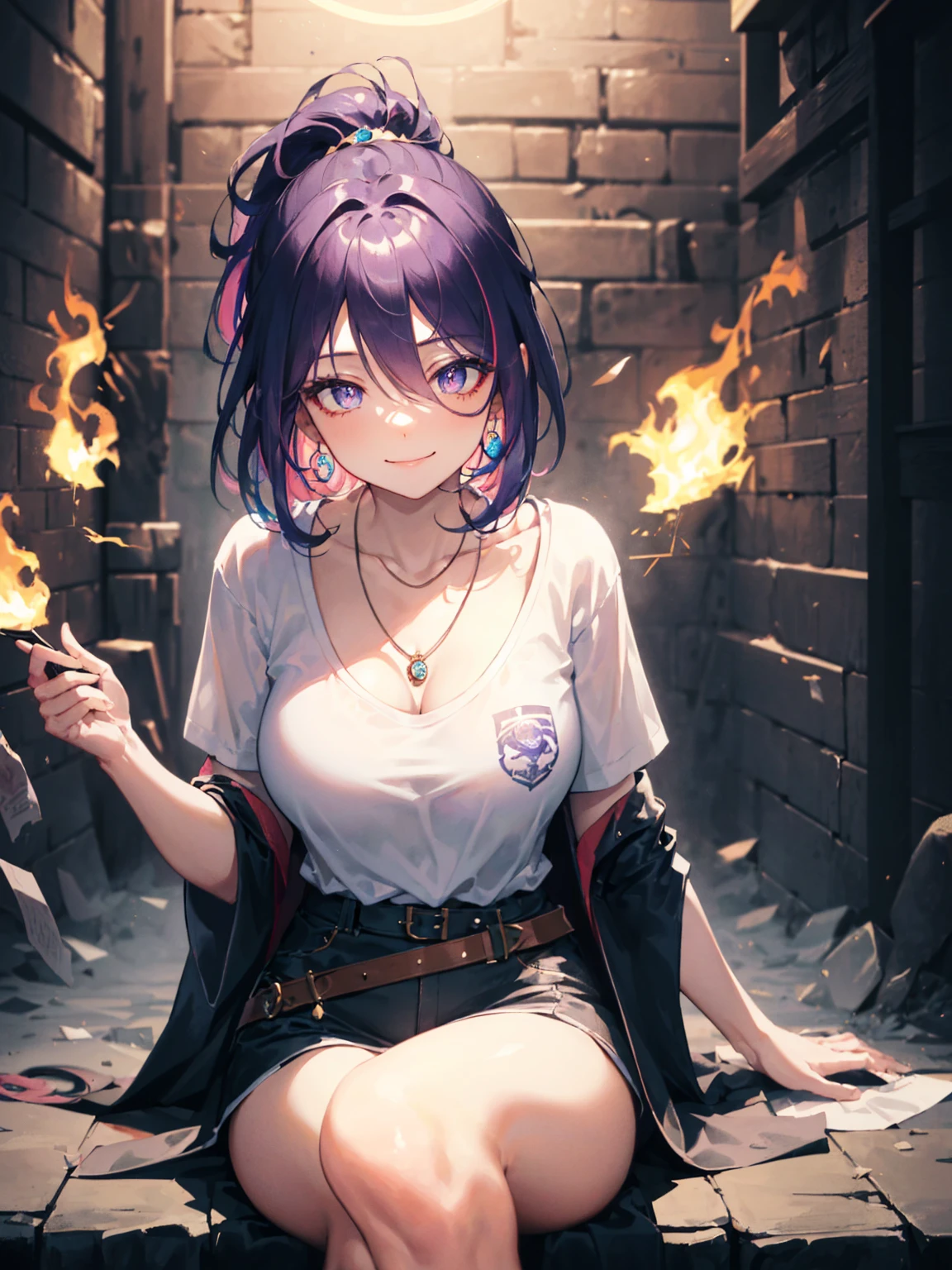 colorful portrait illustration, (attractive female as a wizard, ponytail, perfect breasts, round breasts, wearing casual clothes, oversized t shirt, short dress, bottomless, no pants, white t shirt, neckless, detailed collarbone, perfect collarbone), sitting, legs crossed, crossing legs, high legs, knee up high, (necklace, pouches, belts, smiling, highly detailed face, masterpiece, best quality), highly detailed, (in a dungeon), mage_glam, (large glowing runed circles), fire and ice, casting a spell, ultra high resolution, by Alexandre Calame and  Alyssa Monks and Shigeru Ban, detailed iris, sparkle eyes, star in eyes, enchanting pink eyes, (multicolored eyes), (purple hair:1.3), (floating hair:1.3), (hair between eyes), (hair over one eye:1.1), (wavy hair:1.1)