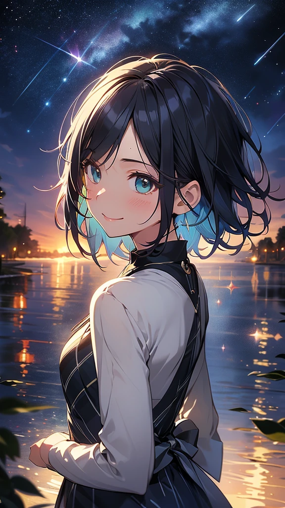 1 girl、masterpiece、Highest quality、detailed、Stage lighting、Spot lighting、Starry Sky、night、Anime style painting、Hard Edge、Soft Surface、smile、profile、Upper body close-up、Dark blue hair、Short Bob Cut、Straight hair、Green Eyes