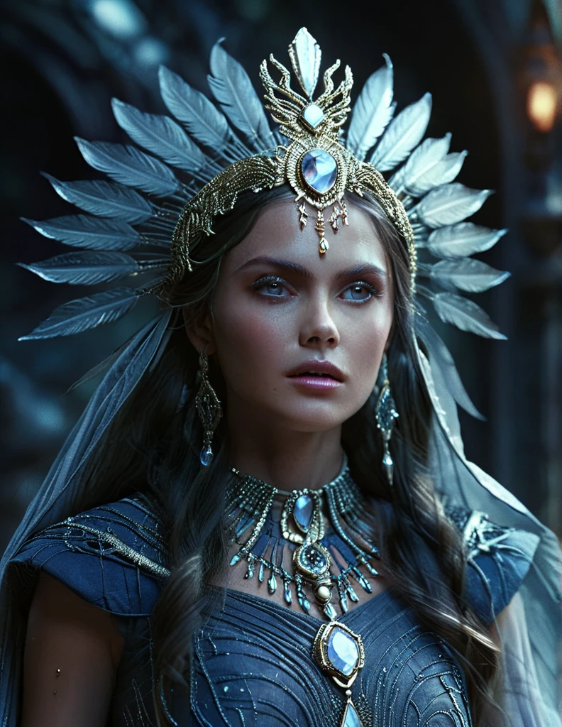 mystical female protagonist, intricate fantasy dress, glowing ethereal aura, detailed ornate headpiece, sweeping dramatic cape, enchanting eyes, porcelain skin, flowing hair, serene expression, dark moody lighting, cinematic dramatic atmosphere, vibrant jewel-toned colors, creative whimsical concept art, (best quality,4k,8k,highres,masterpiece:1.2),ultra-detailed,(realistic,photorealistic,photo-realistic:1.37)