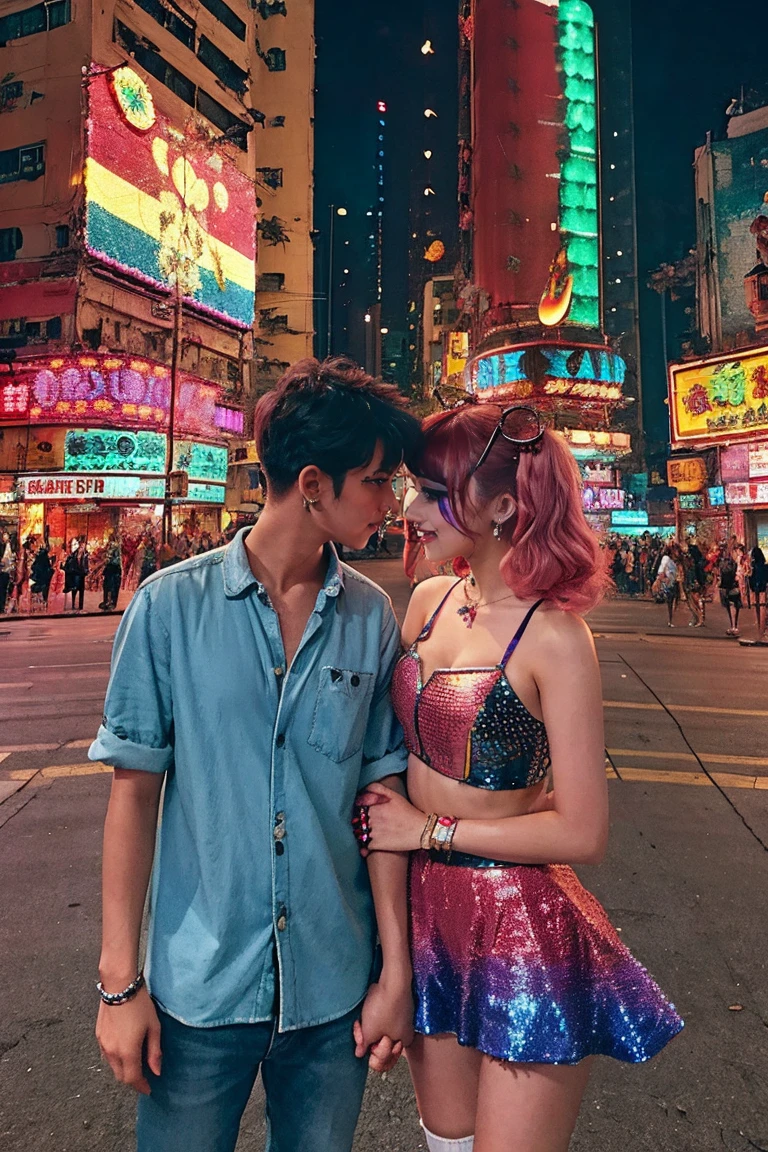 hong kong, night, (giant moon in the sky, gaint moon:1.5, girl lean against the wall, man holding a girl hands and look each other deeply in heart and whisper, romantic), (Awkward,blush :1.3), y 2 k cutecore crowncore, Lovely Decora Rainbow Core, Lovely high quality rendering, Candy Girl, Deco, Unreal Engine : : Carnival Makeup, Working Girl, raver girl, Glitch Punk Girl, soda themed girl, Lively and cheerful, 80s pin-up style, 