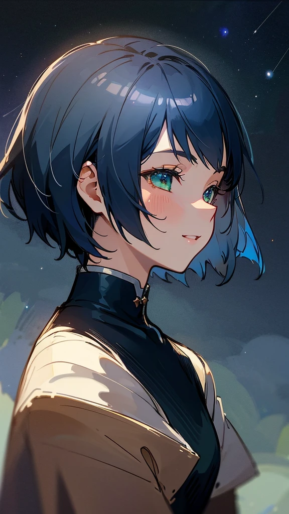 1 girl、masterpiece、Highest quality、detailed、Stage lighting、Spot lighting、Starry Sky、night、Anime style painting、Hard Edge、Soft Surface、smile、profile、Upper body close-up、Dark blue hair、Short Bob Cut、Straight hair、Green Eyes