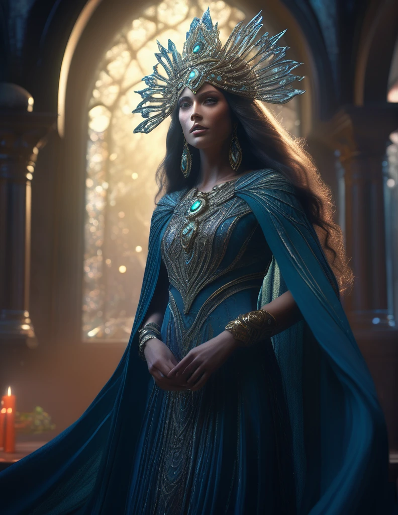 mystical female protagonist, intricate fantasy dress, glowing ethereal aura, detailed ornate headpiece, sweeping dramatic cape, enchanting eyes, porcelain skin, flowing hair, serene expression, dark moody lighting, cinematic dramatic atmosphere, vibrant jewel-toned colors, creative whimsical concept art, (best quality,4k,8k,highres,masterpiece:1.2),ultra-detailed,(realistic,photorealistic,photo-realistic:1.37)