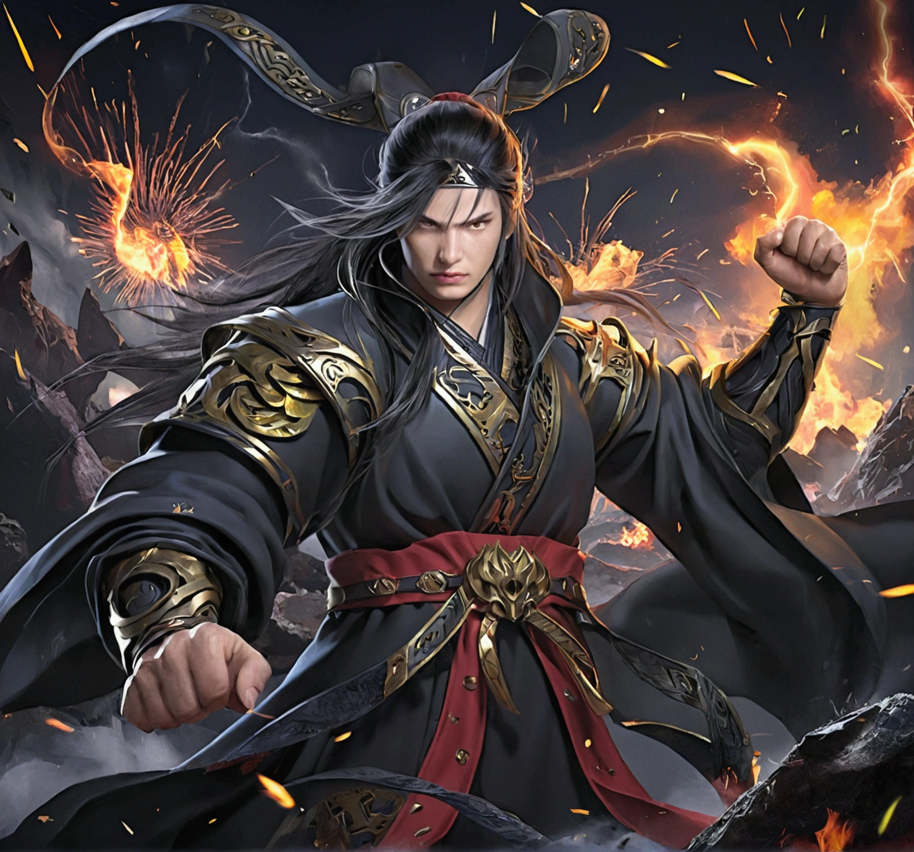 （ruins）eyes filled with angry，He clenched his fists，Rush up，Deliver a fatal blow to your opponent，full bodyesbian，Full Body Male Mage 32K（tmasterpiece，k hd，hyper HD，32K）Long flowing black hair，Camping site area，zydink， a color， patriot （ruins）， （Linen batik scarf）， Angry fighting stance， looking at the ground， Batik linen bandana， Chinese python pattern long-sleeved garment， （Abstract propylene splash：1.2）， Dark clouds lightning background，Flour flies（realisticlying：1.4），Black color hair，Flour fluttering，Background fog， A high resolution， the detail， RAW photogr， Sharp Re， Nikon D850 Film Stock Photo by Jefferies Lee 4 Kodak Portra 400 Camera F1.6 shots, Rich colors, ultra-realistic vivid textures, Dramatic lighting, Unreal Engine Art Station Trend, cinestir 800，Flowing black hair,（（（Male mage））），The male mage was furious，