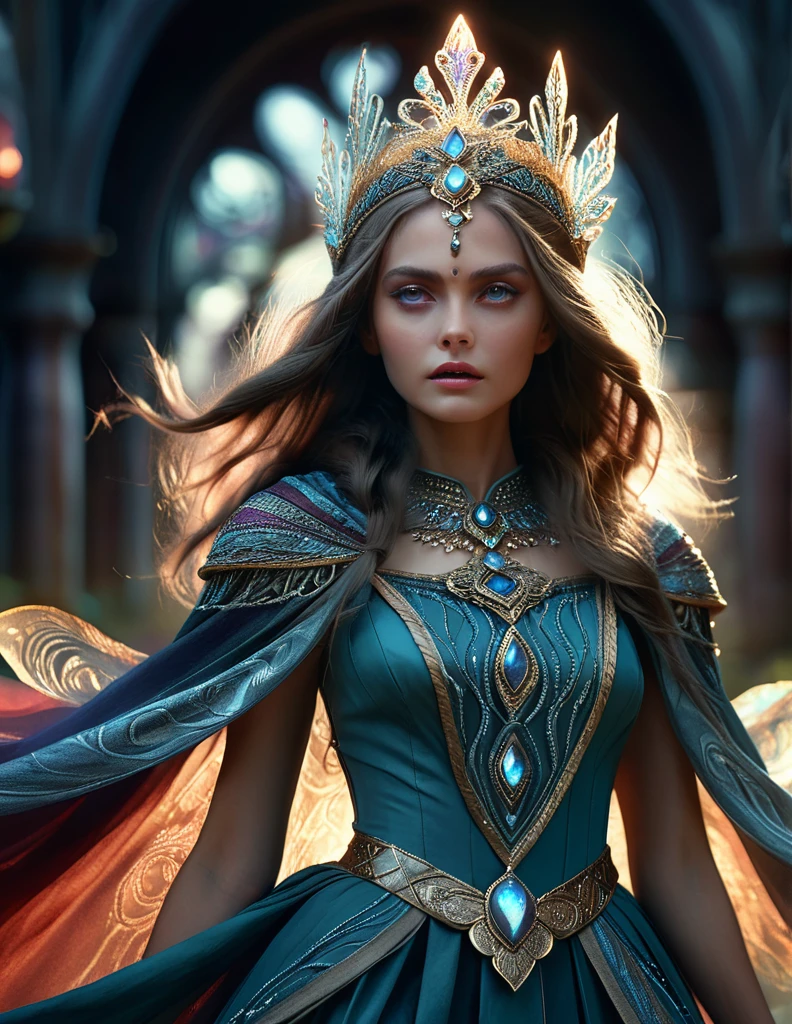 mystical female protagonist, intricate fantasy dress, glowing ethereal aura, detailed ornate headpiece, sweeping dramatic cape, enchanting eyes, porcelain skin, flowing hair, serene expression, dark moody lighting, cinematic dramatic atmosphere, vibrant jewel-toned colors, creative whimsical concept art, (best quality,4k,8k,highres,masterpiece:1.2),ultra-detailed,(realistic,photorealistic,photo-realistic:1.37)