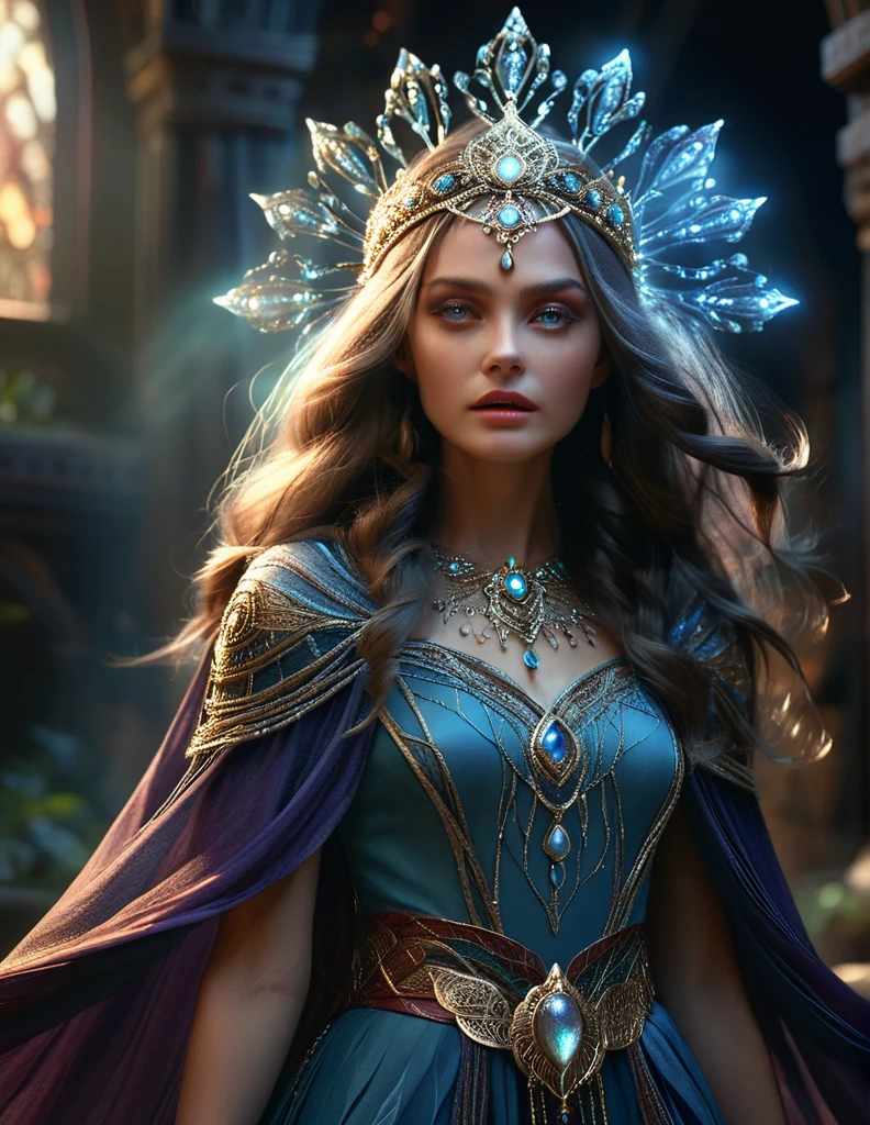 mystical female protagonist, intricate fantasy dress, glowing ethereal aura, detailed ornate headpiece, sweeping dramatic cape, enchanting eyes, porcelain skin, flowing hair, serene expression, dark moody lighting, cinematic dramatic atmosphere, vibrant jewel-toned colors, creative whimsical concept art, (best quality,4k,8k,highres,masterpiece:1.2),ultra-detailed,(realistic,photorealistic,photo-realistic:1.37)