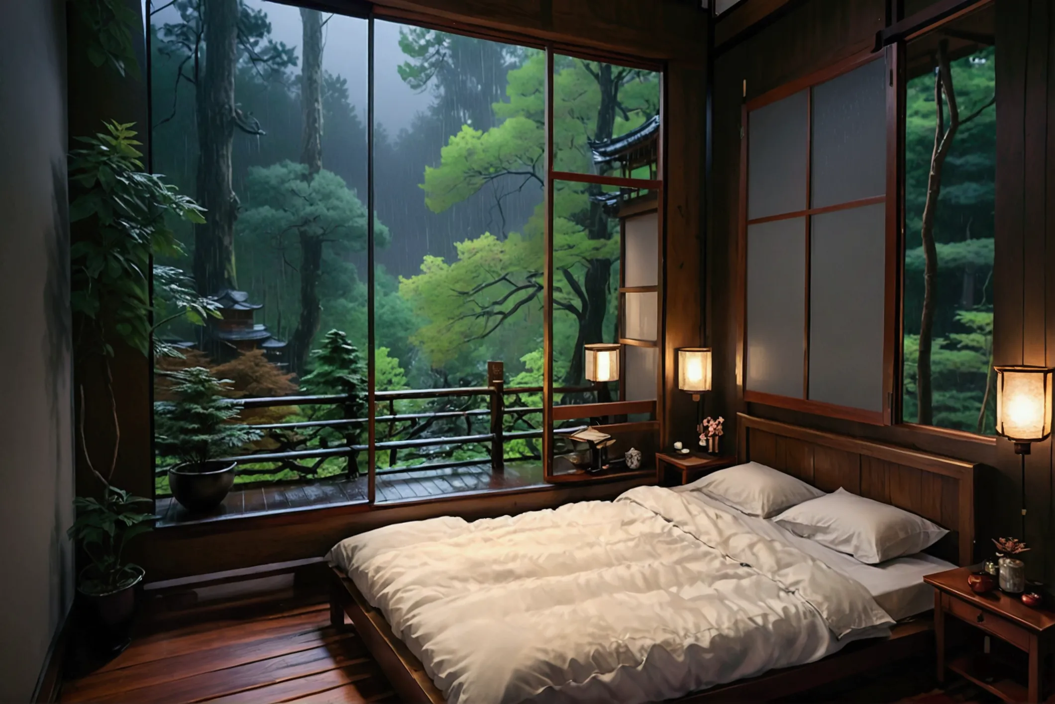 bed in the bedroom next to the window, detailed matte image, inspired by kanō hōgai, large window overlooking the forest at nigh...