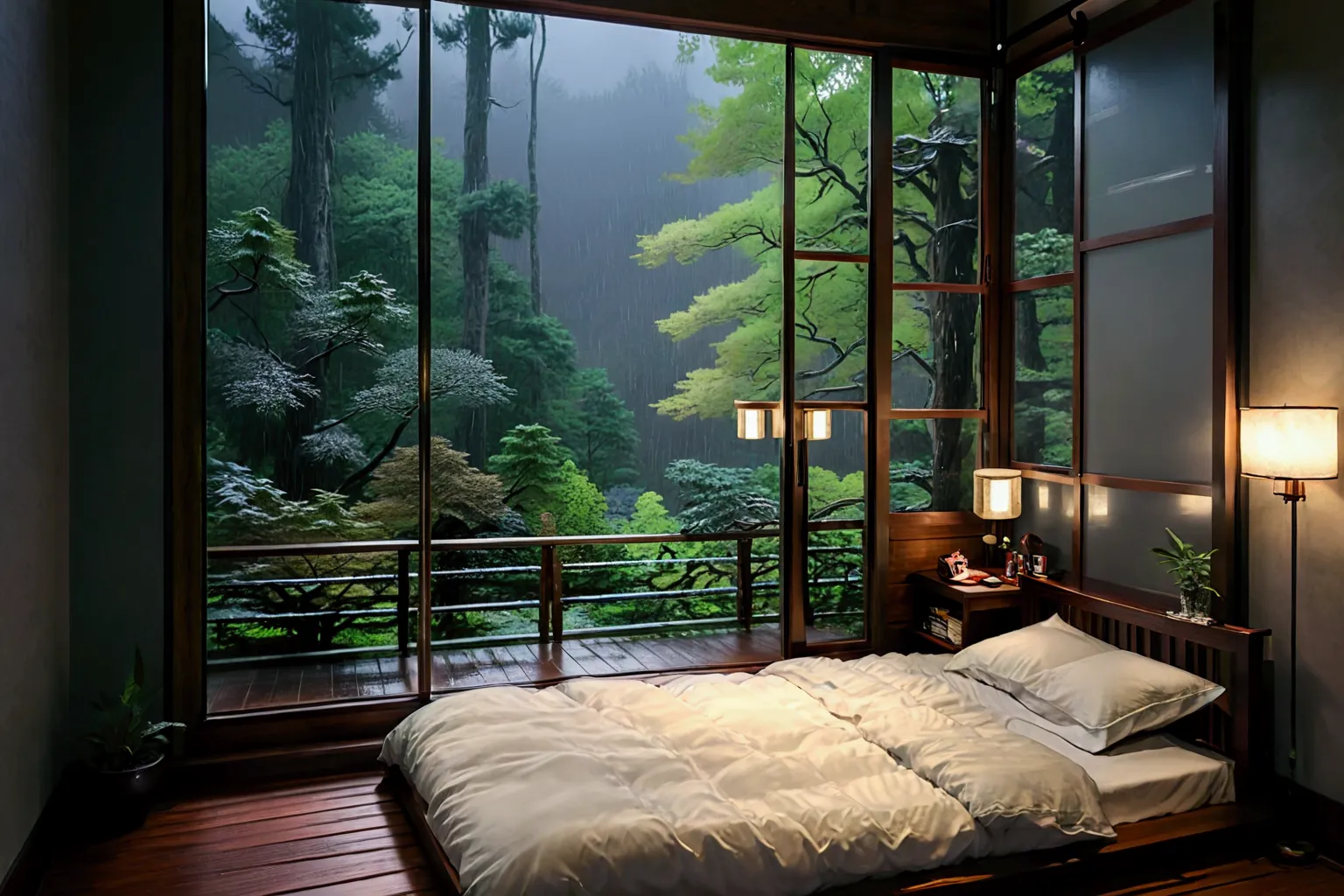 bed in the bedroom next to the window, detailed matte image, inspired by kanō hōgai, large window overlooking the forest at nigh...