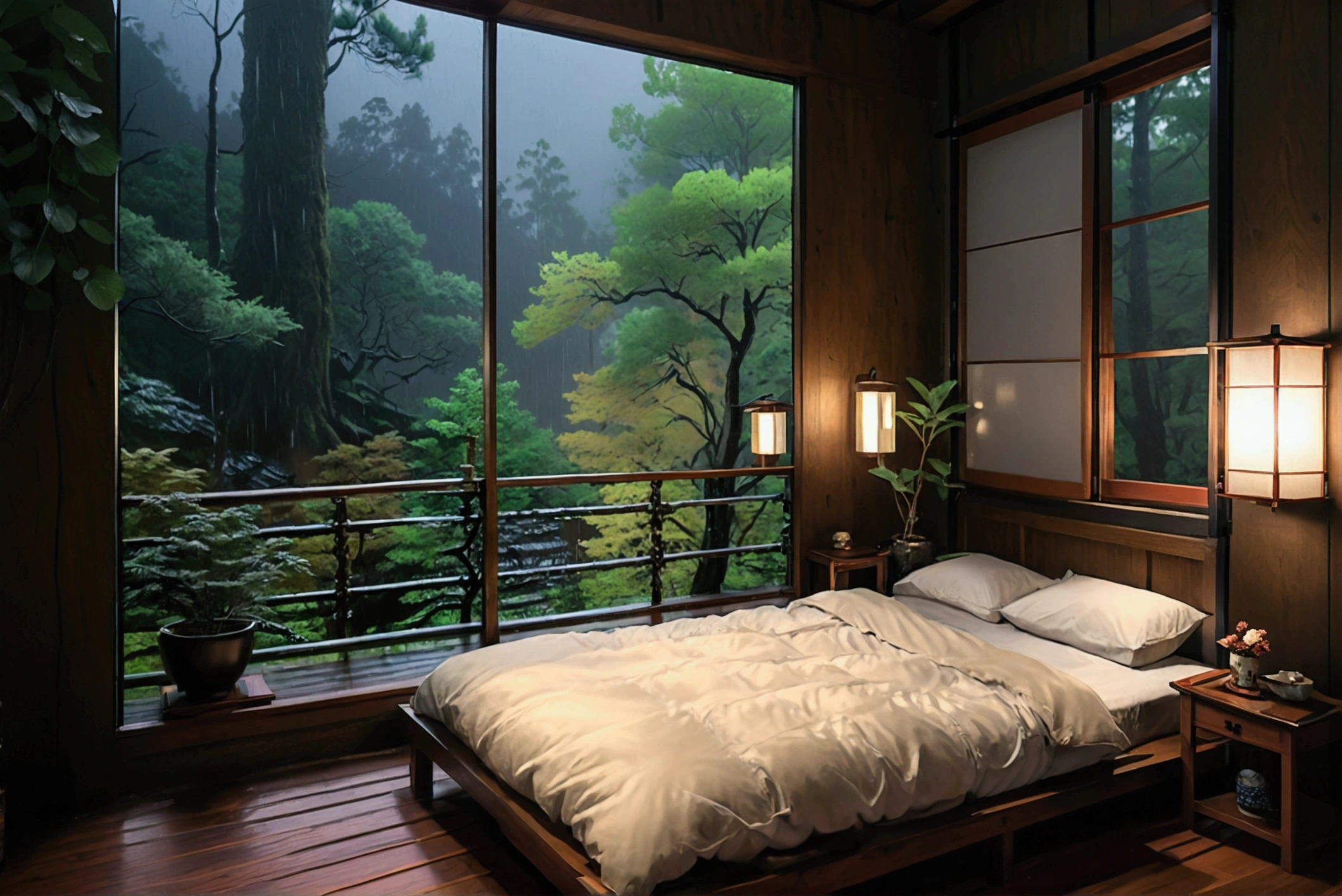 bed in the bedroom next to the window, detailed matte image, inspired by Kanō Hōgai, large window overlooking the forest at night, rain pouring down, Japanese shrine, very beautiful and ethereal