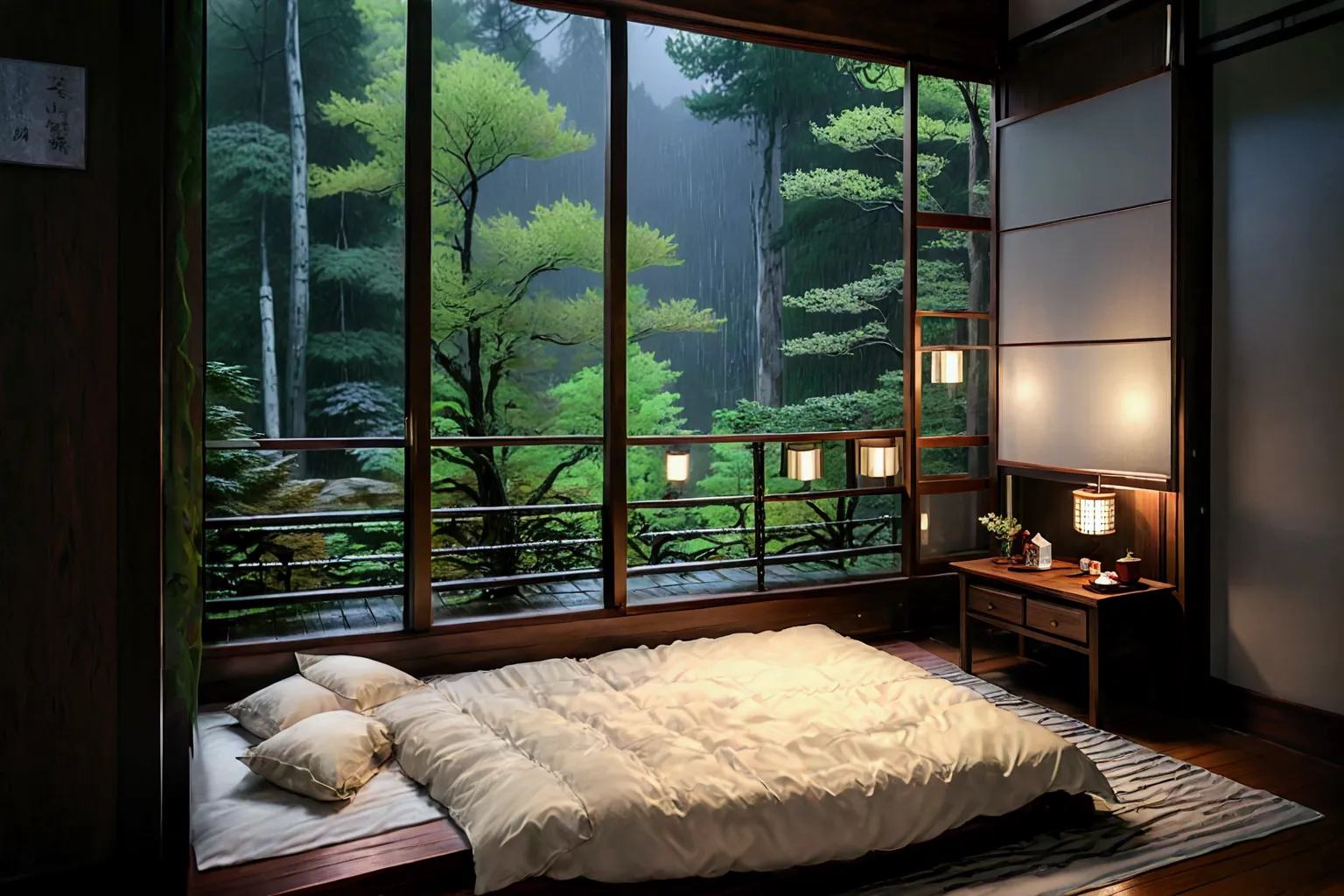 bed in the bedroom next to the window, detailed matte image, inspired by kanō hōgai, large window overlooking the forest at nigh...