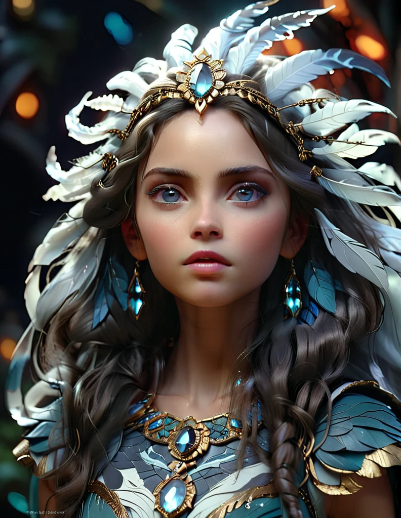 mystical female protagonist, intricate fantasy dress, glowing ethereal aura, detailed ornate headpiece, sweeping dramatic cape, enchanting eyes, porcelain skin, flowing hair, serene expression, dark moody lighting, cinematic dramatic atmosphere, vibrant jewel-toned colors, creative whimsical concept art, (best quality,4k,8k,highres,masterpiece:1.2),ultra-detailed,(realistic,photorealistic,photo-realistic:1.37)