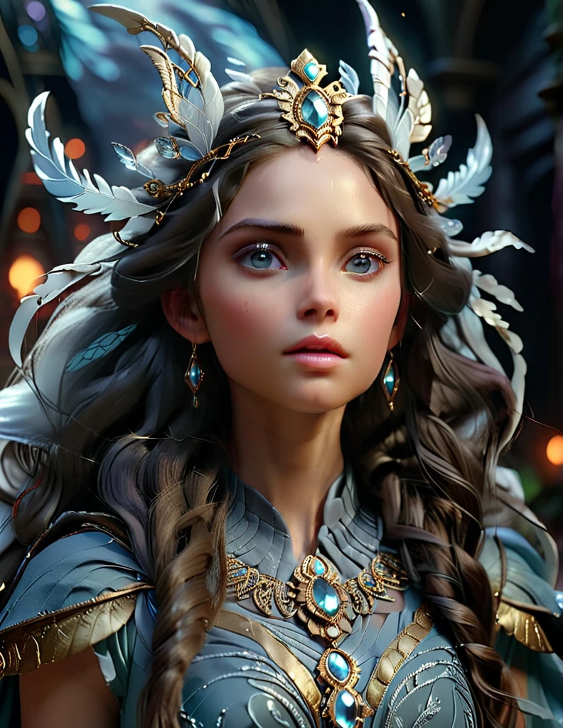 mystical female protagonist, intricate fantasy dress, glowing ethereal aura, detailed ornate headpiece, sweeping dramatic cape, enchanting eyes, porcelain skin, flowing hair, serene expression, dark moody lighting, cinematic dramatic atmosphere, vibrant jewel-toned colors, creative whimsical concept art, (best quality,4k,8k,highres,masterpiece:1.2),ultra-detailed,(realistic,photorealistic,photo-realistic:1.37)