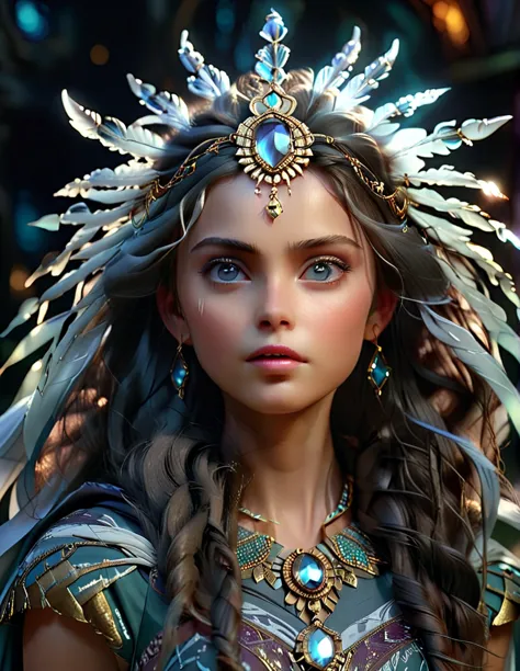 mystical female protagonist, intricate fantasy dress, glowing ethereal aura, detailed ornate headpiece, sweeping dramatic cape, ...