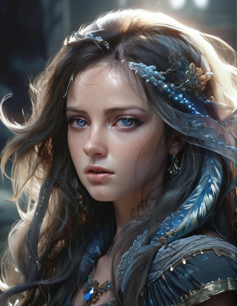 mystical female protagonist, intricate fantasy dress, glowing ethereal aura, detailed ornate headpiece, sweeping dramatic cape, enchanting eyes, porcelain skin, flowing hair, serene expression, dark moody lighting, cinematic dramatic atmosphere, vibrant jewel-toned colors, creative whimsical concept art, (best quality,4k,8k,highres,masterpiece:1.2),ultra-detailed,(realistic,photorealistic,photo-realistic:1.37)