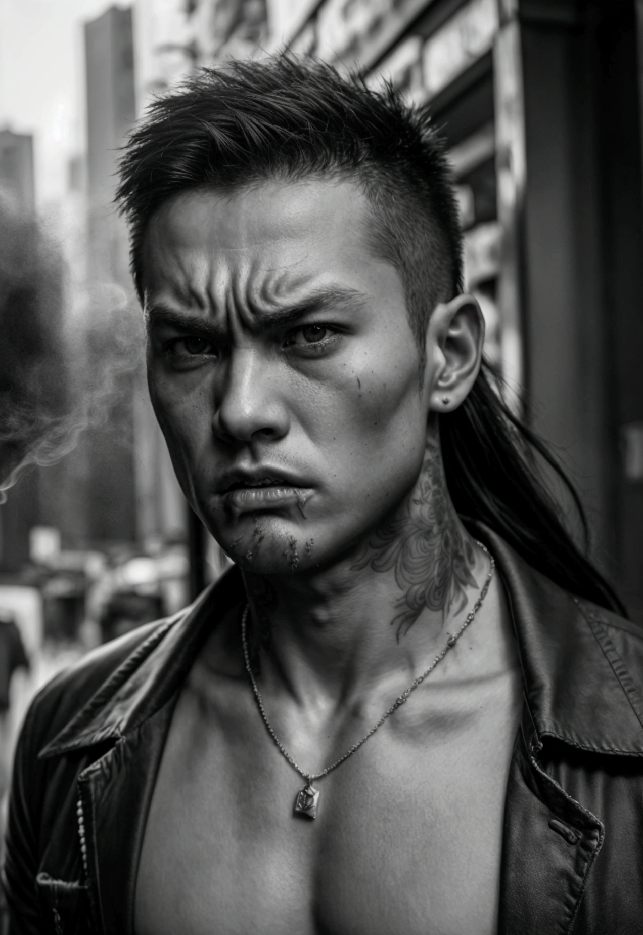 Uma foto de um jovem muito bonito, , muscular, tatuado, usando um colar, cabelo longo, segurando uma arma de rua. Estilo gangster, Romance, Hong Kong cinema. cena de rua. Olhos cheios de tristeza e desejo de ascensão. Violência no fundo, fumaça e fogo. iluminação cinematográfica, alto detalhe, 8K, estação de arte, Arte conceitual, fantasia negra. Foto tirada com uma Canon EOS R5 85mm f/11 câmeras, ((afiado)) Modo de pessoas e arredores. Qualidade da imagem ((8K)), ((realista)), ((obra de arte)), ((afiadoest and highest contrast)), ((excelente profundidade de campo)), ((Iluminação estereoscópica)), ((nervoso, Feroz)), Poros detalhados, ((Luz direta no rosto)), luz solar brilhante.