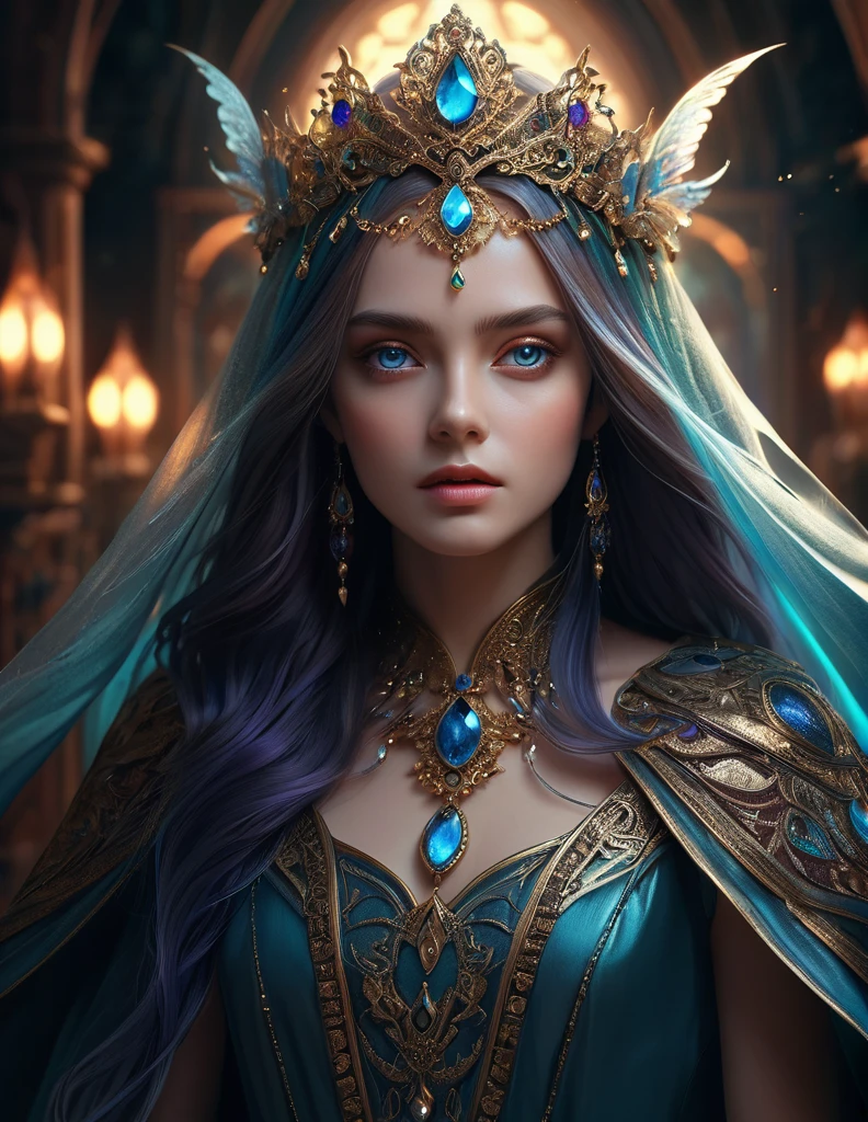 mystical female protagonist, intricate fantasy dress, glowing ethereal aura, detailed ornate headpiece, sweeping dramatic cape, enchanting eyes, porcelain skin, flowing hair, serene expression, dark moody lighting, cinematic dramatic atmosphere, vibrant jewel-toned colors, creative whimsical concept art, (best quality,4k,8k,highres,masterpiece:1.2),ultra-detailed,(realistic,photorealistic,photo-realistic:1.37)