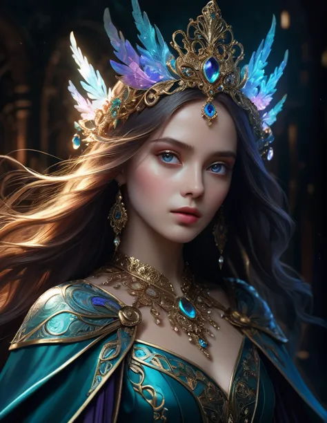 mystical female protagonist, intricate fantasy dress, glowing ethereal aura, detailed ornate headpiece, sweeping dramatic cape, ...