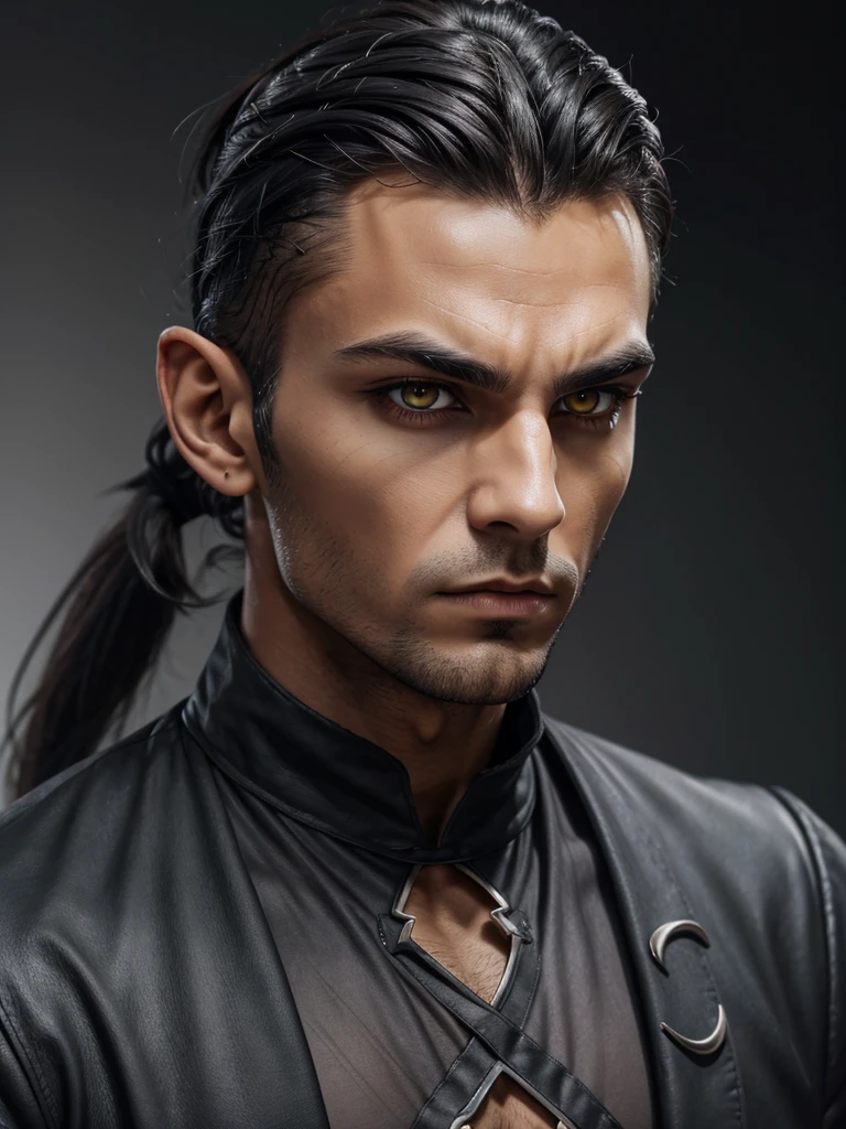 (best quality), 1boy, Male, dark grey skin, muscular, broad, dark grey hair, half ponytail, medium hair, yellow eyes, perfect eyes, stubble, pointy ears, gothic clothes, serious, stoic, vampire, masterpiece, anatomically correct, highres
