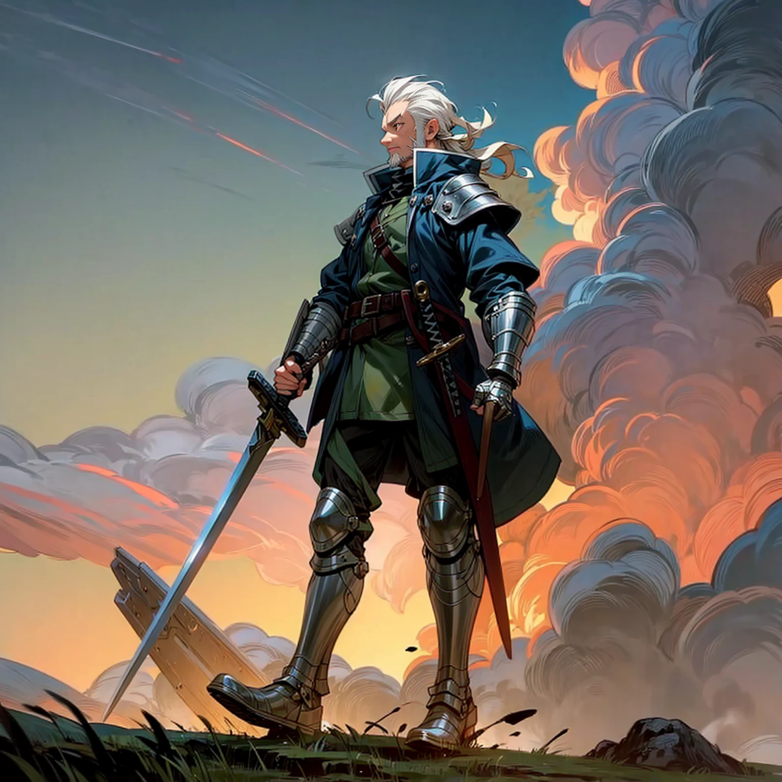 Solo character, old man, tall height, full body version, white eyes, white colour hair, very long curly haircut, chin beard, soldier clothing, heavy armored, belt, boots, outdoor, field, Greenland, medieval, evening, standing gesture, detailed clothing, detailed hair, detailed background, (Hunter x Hunter style art), sword in hand, glow effect on sword, thunder, lightning, glare, smoke,